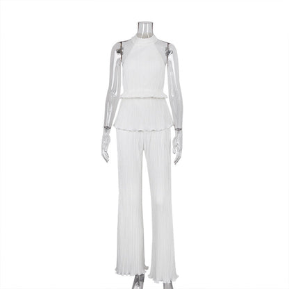 Halter Sexy Backless Sleeveless Vest White Pleated High Waist Set White