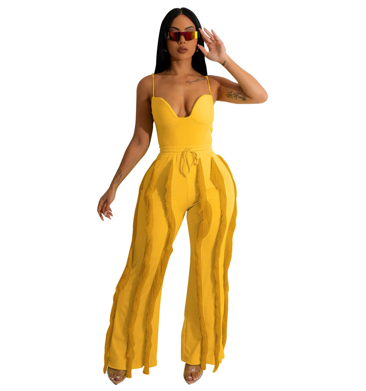 Tassel Lace Sling Jumpsuit Yellow