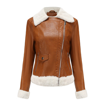 Fleece Trims Leather Jacket camel