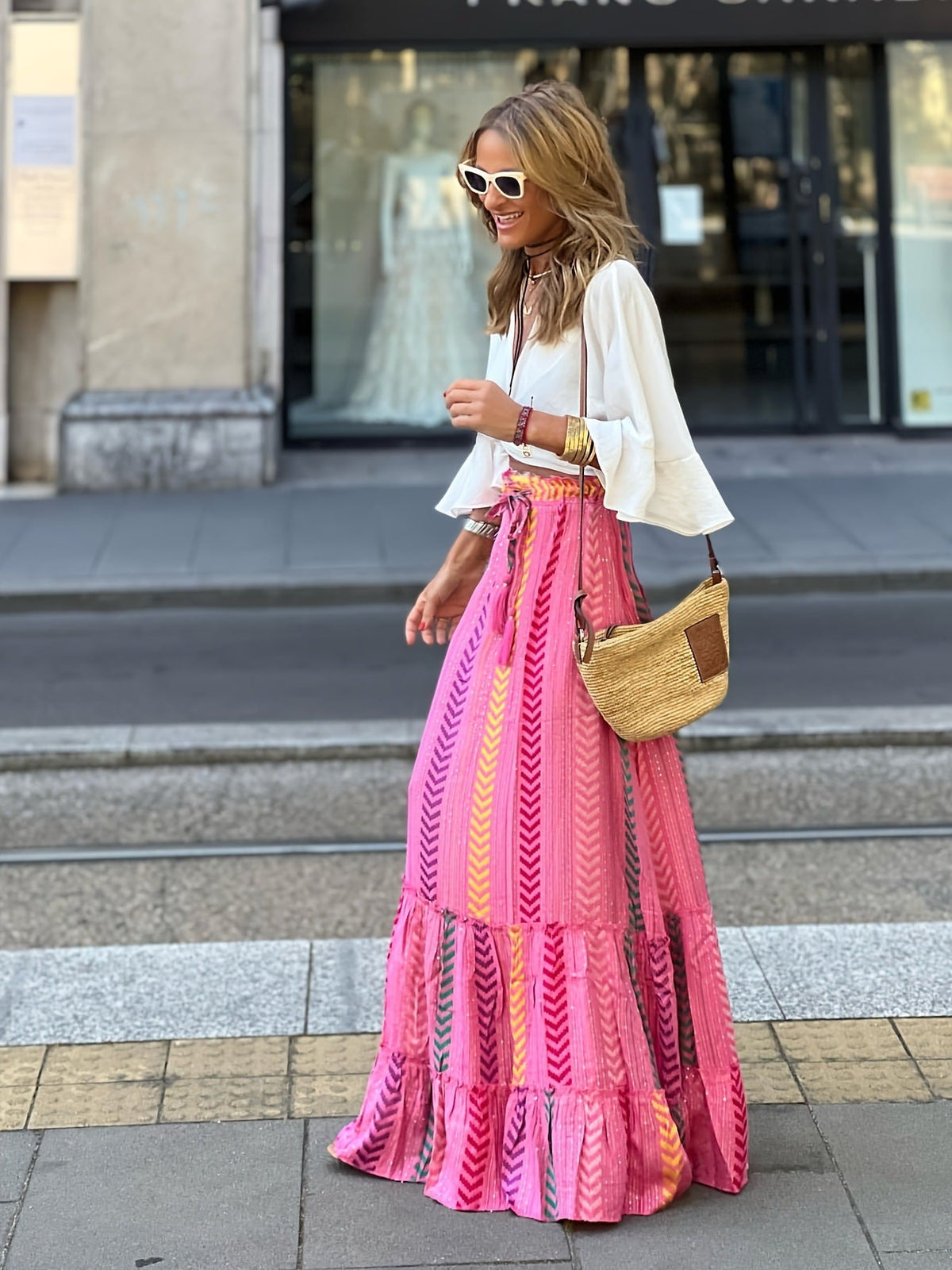 Summer Women Positioning Printing Loose Casual Vacation Big Hem Skirt Red Arrow