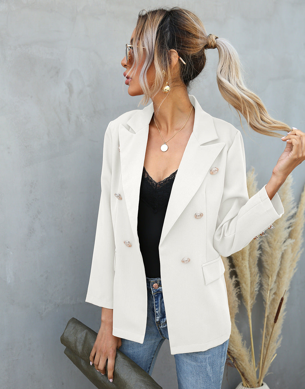 Collared Button Blazer White