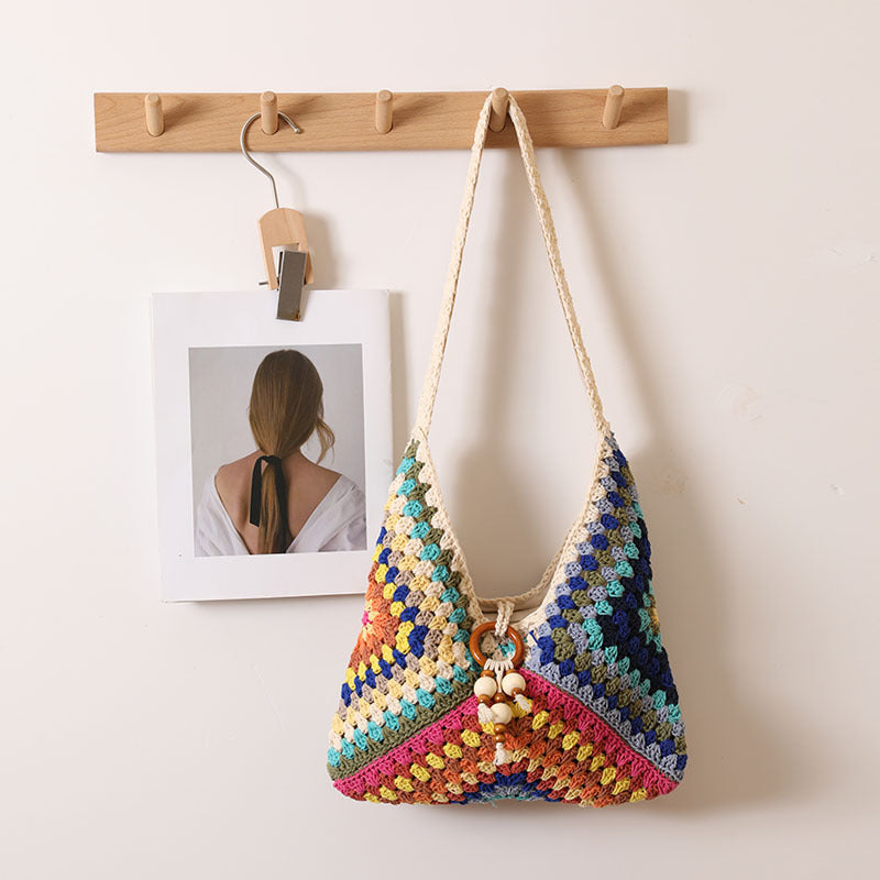 Ethnic Traditional Shoulder Bag Cotton Thread Woven Bag One Size Cotton Thread V-Shaped Grandmother Plaid
