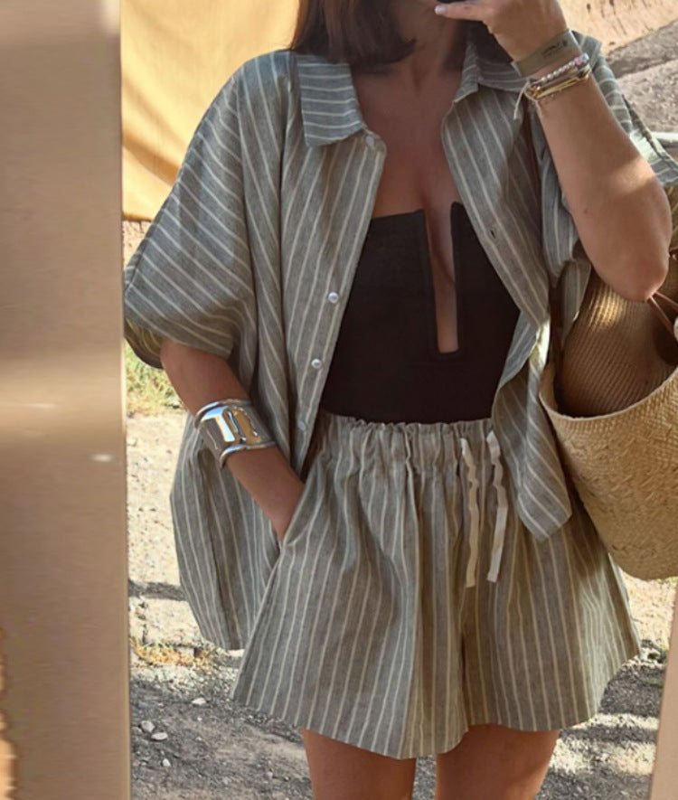 Summer Striped Shirt & Shorts Loose Casual Two Piece Set for Women Gray