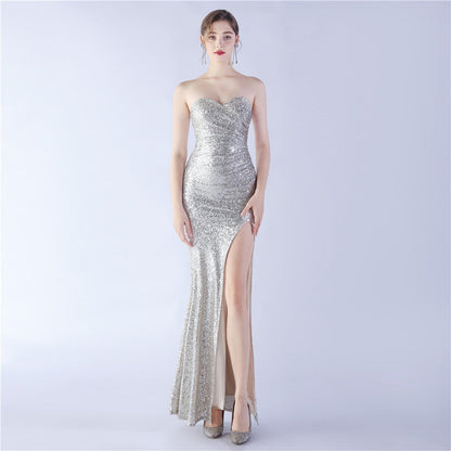 Sequined Strapless Evening Dress Apricot silver