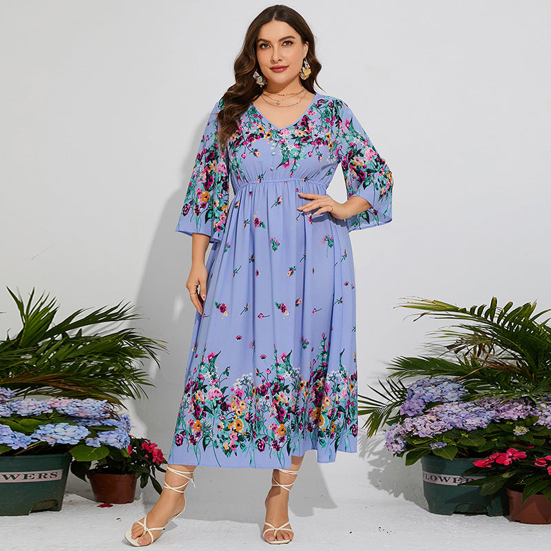 Floral Chiffon Flare Sleeve Day Dress Purple