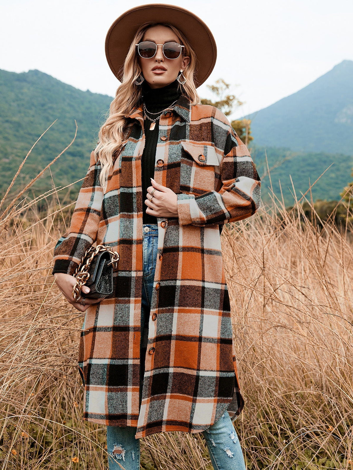 Plaid Long Coat Orange