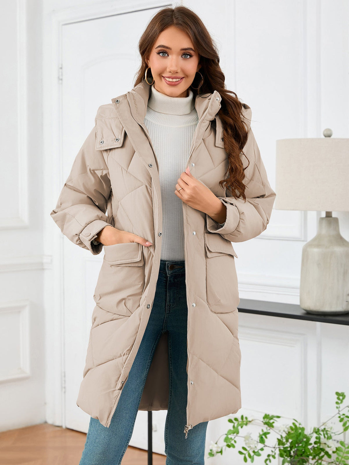 Hooded Slim-Fit Thermal Padded Coat Khaki