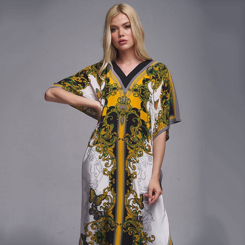 Skylar Vintage Printed Kaftan One Size White Yellow