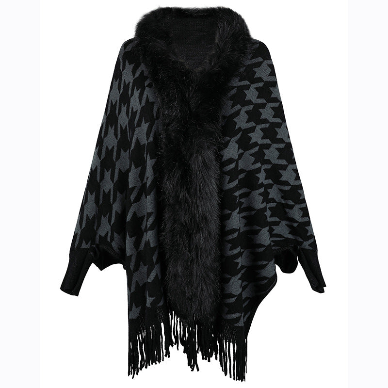 Tassel Cloak Houndstooth Fur Collar One Size Black