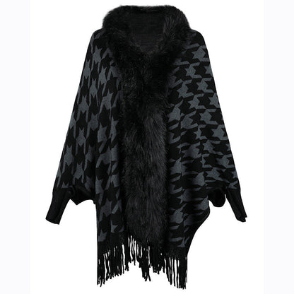 Tassel Cloak Houndstooth Fur Collar One Size Black