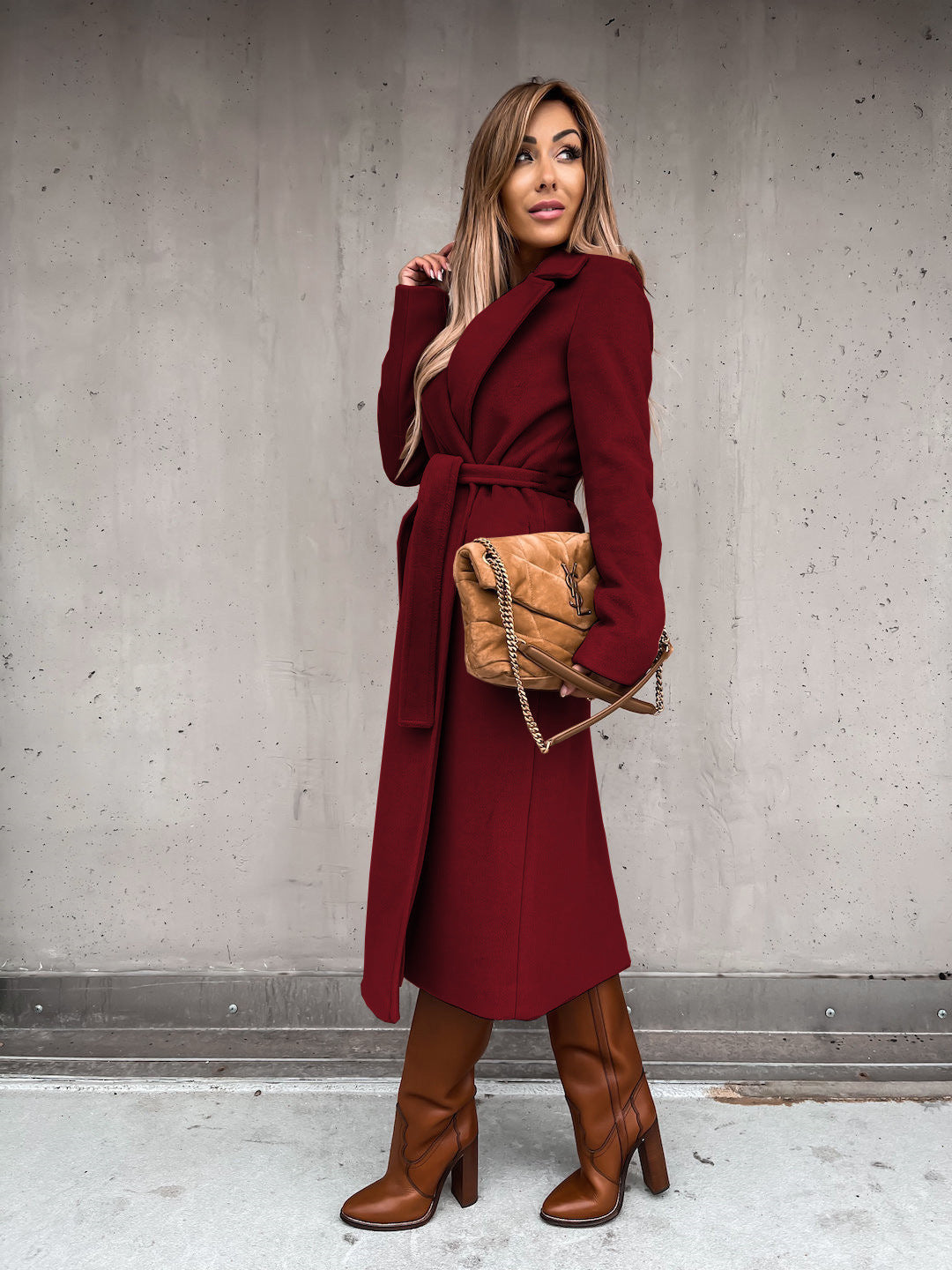 Solid Color Woolen Long Sleeve Trench Coat