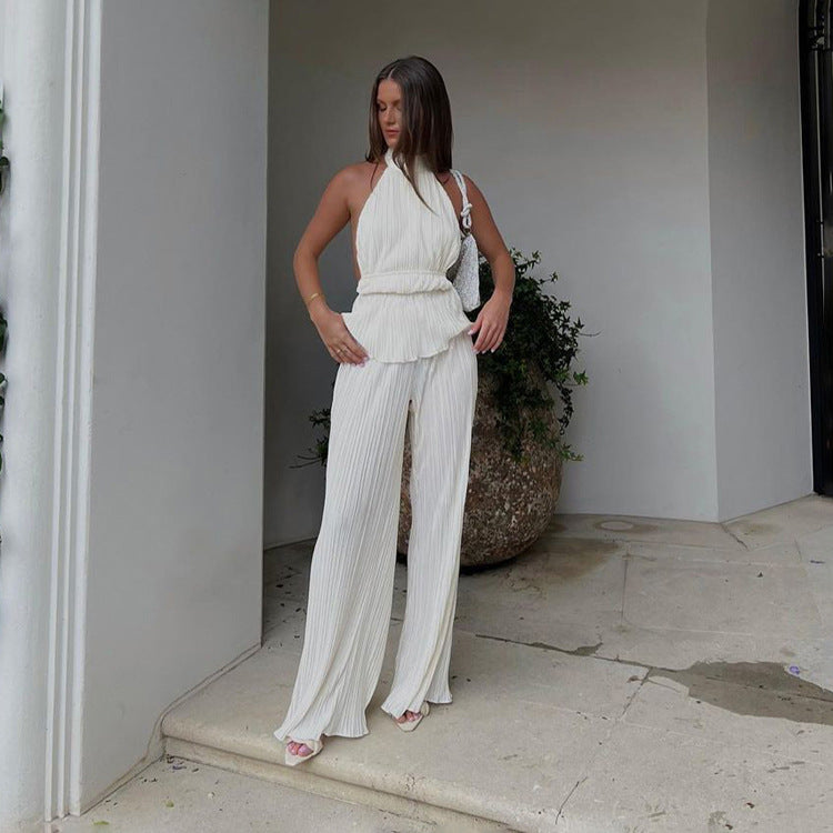 Halter Sexy Backless Sleeveless Vest White Pleated High Waist Set