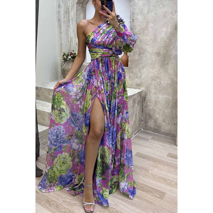 Printed One Shoulder High Split Maxi Dress Purple