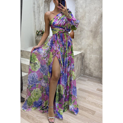 Printed One Shoulder High Split Maxi Dress Purple