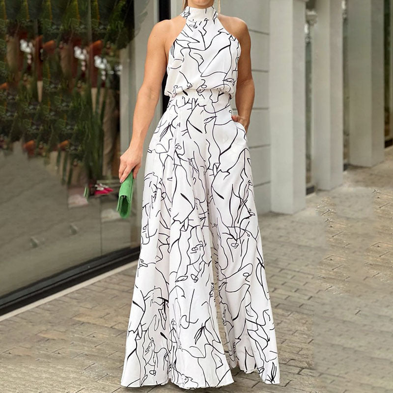 High Waist Lace up Sleeveless Halter Jumpsuit White