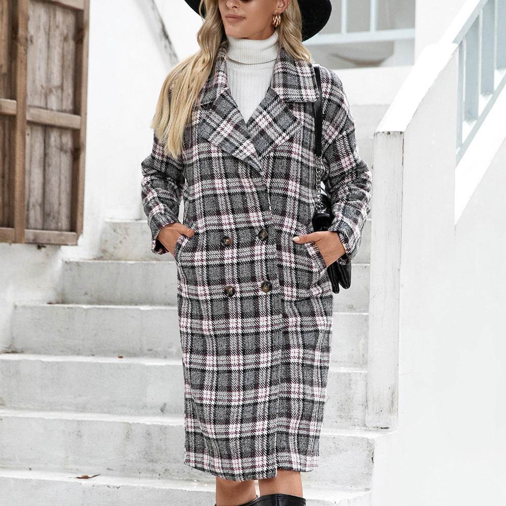 Houndstooth Woolen Plaid Trench Coat Pink