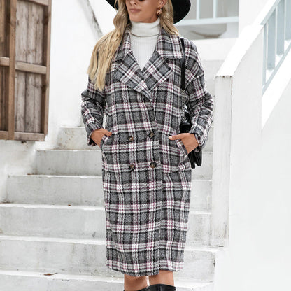 Houndstooth Woolen Plaid Trench Coat Pink