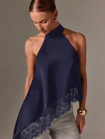 Clidress Button Neck Lace Patchwork Irregular Top 11 Colors-5 Size Dark Blue