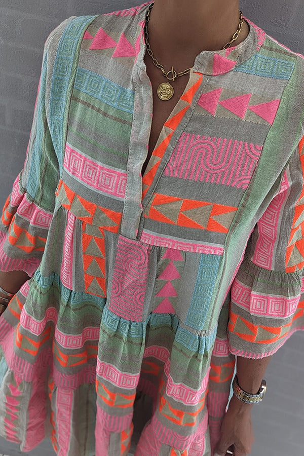 Printed V-neck Three Quarter Sleeve Dress