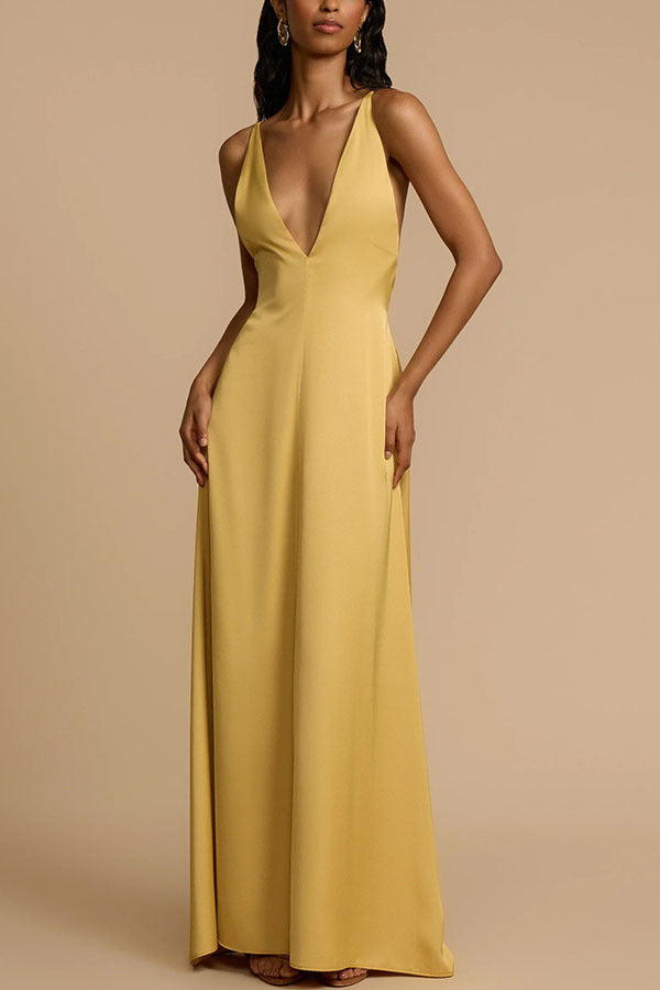 Sexy Backless V neck Satin Maxi Dress Women Gold