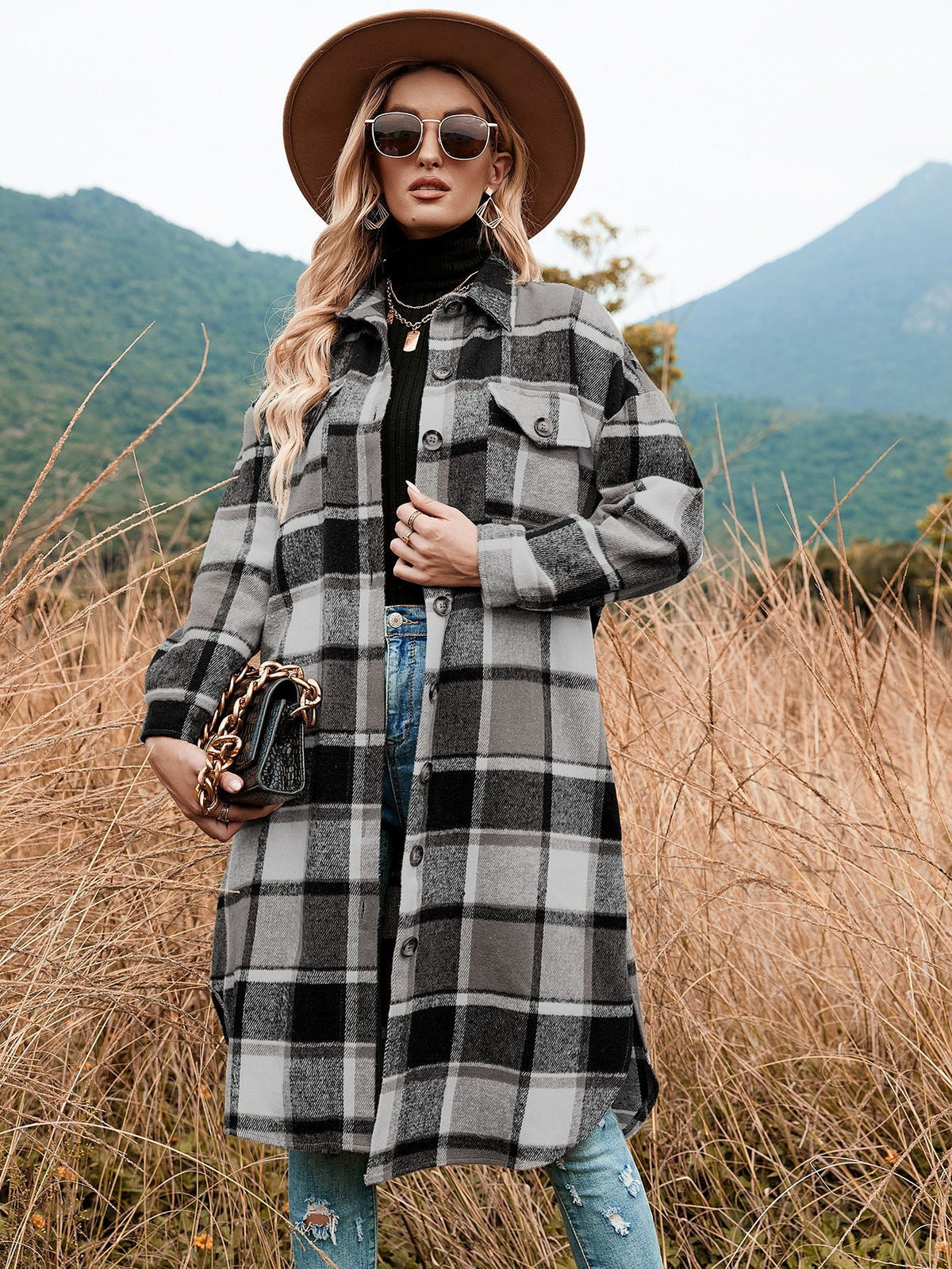 Plaid Long Coat Gray
