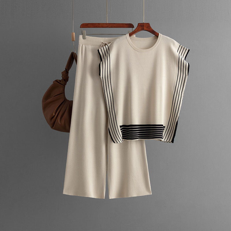 Round Neck Loose Two Piece Knitted Set One Size Apricot