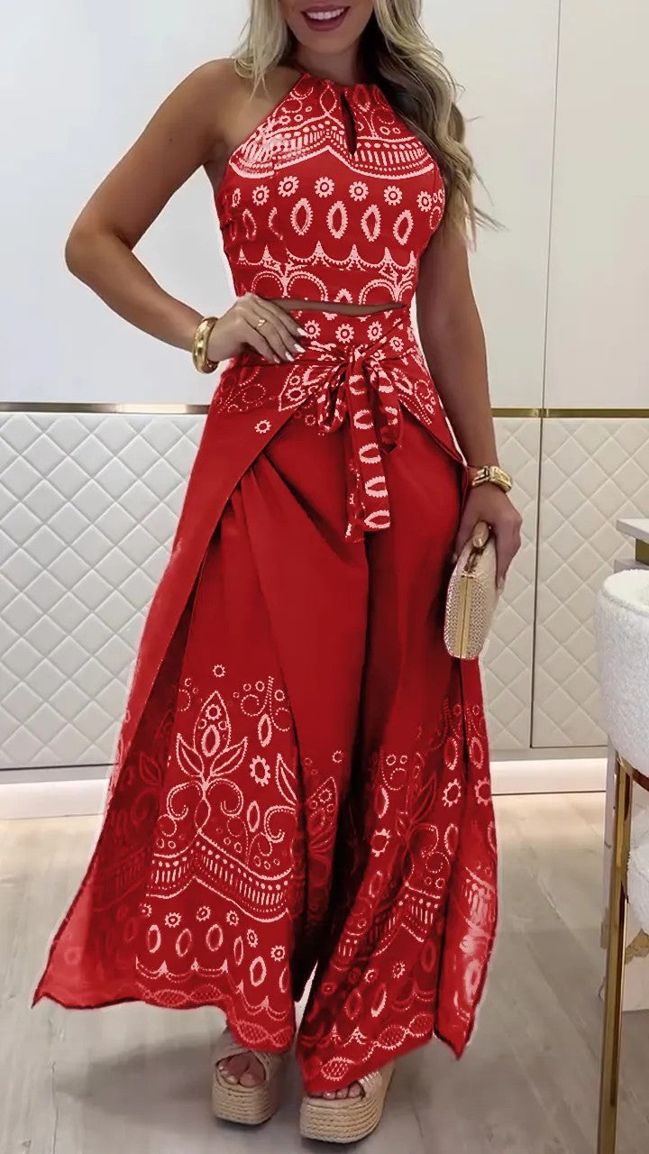 Boho Halter Top & Wide Leg Pants Two Piece Sets Red