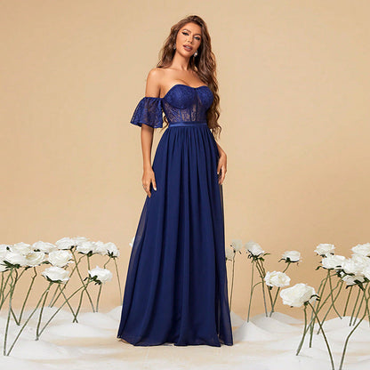 Trendy A Line Wedding Guest Dress, Formal Gown, Evening Dress Blue