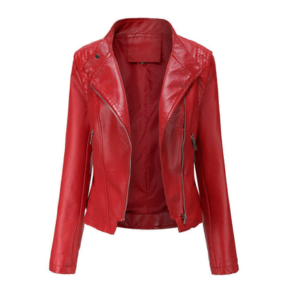 Faux Leather Collared Slim-Fit Jacket Red