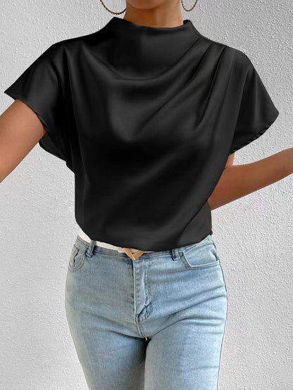 Round Neck Short Sleeve Pleated Top Black