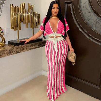 Cutout Striped Knitted Women Skirt Set Rose Red