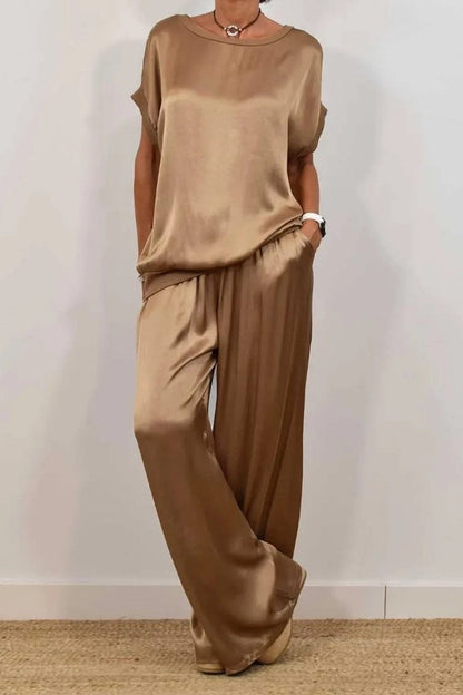 Trendy Loose Shirt & Wide Leg Pants Sets Dark Brown