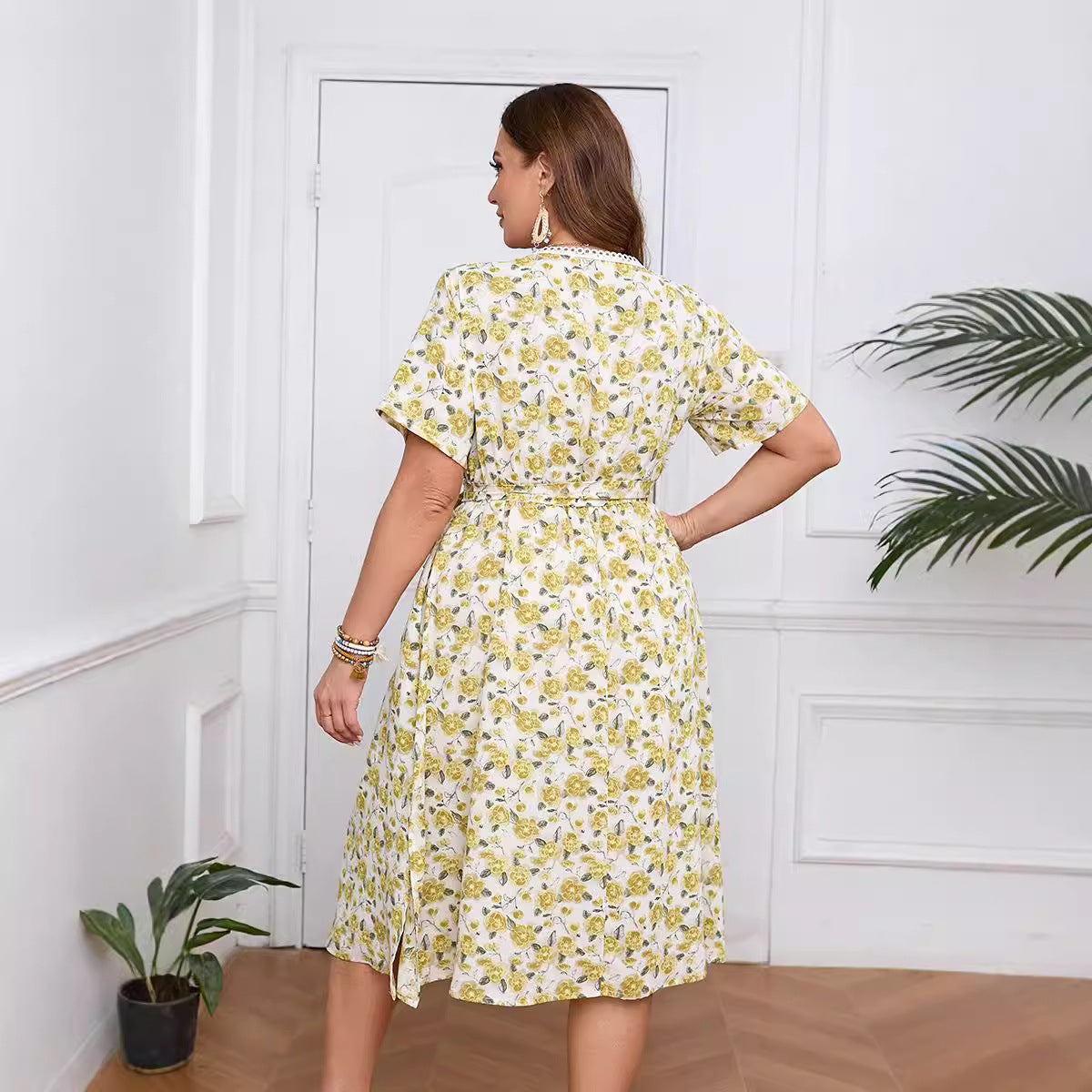 Plus Size V neck Lace Floral Dress