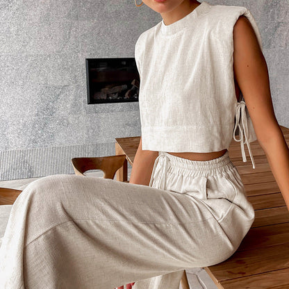 Padded Shoulder Sleeveless Two Piece Set Khaki