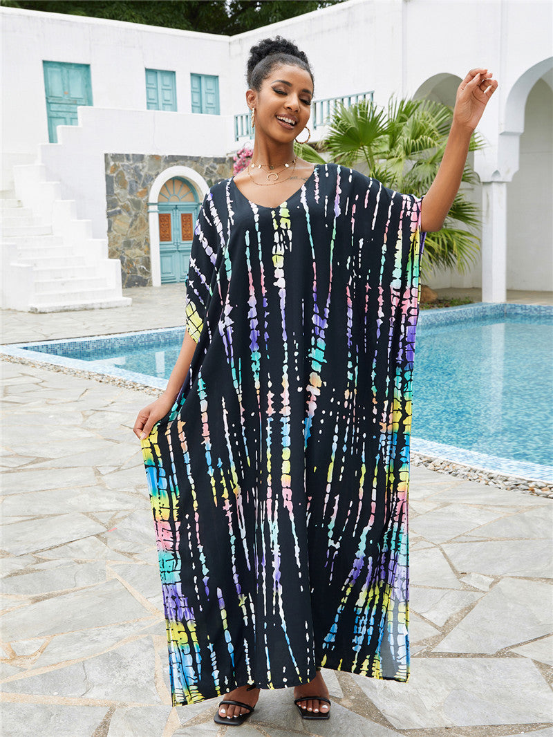 Brenda Day to Night Kaftan One Size Tie-Dye on Dark Blue Background