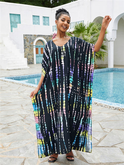 Brenda Day to Night Kaftan One Size Tie-Dye on Dark Blue Background