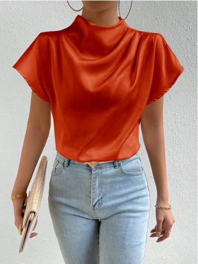 Round Neck Short Sleeve Pleated Top Orange