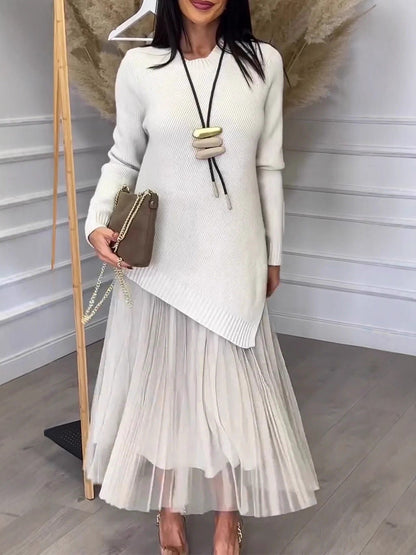 Clidress Irregular Sweater Mesh Pleated Dress Set