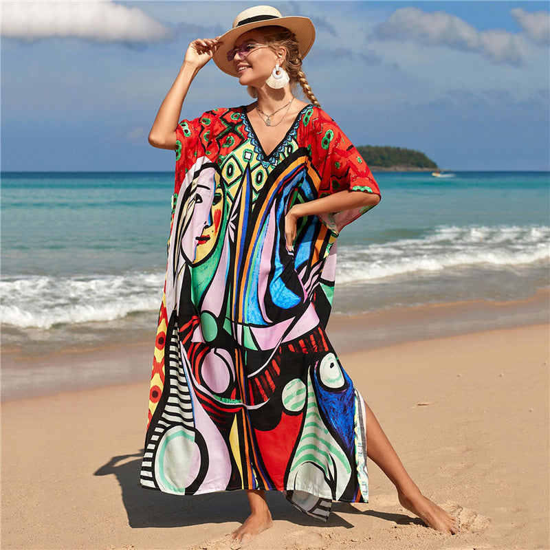 New Positioning Printing Beach Cover-up Sexy Cardigan Dress Beach Cover Up One Size Facial Image