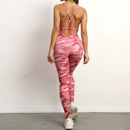 Open Back Solid Jumpsuit Pink Camouflage