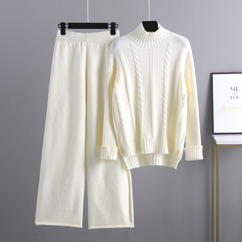 Mock Neck Cable Knitted Two Piece Set One Size White