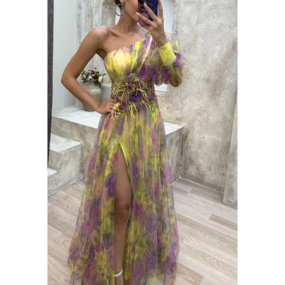 One Shoulder Chiffon Printed Gown Yellow