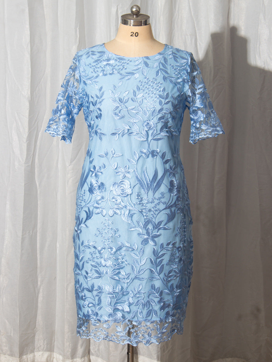Melanie Curvy Short Sleeves Embroidered Sheath Dress skyblue