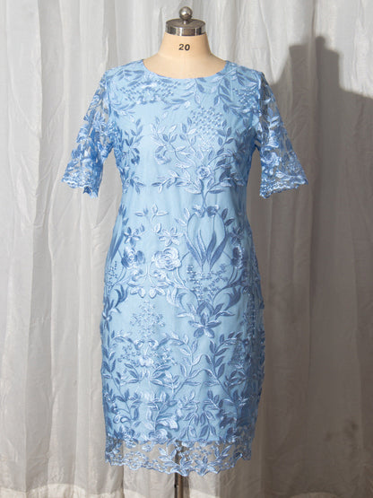 Melanie Curvy Short Sleeves Embroidered Sheath Dress skyblue