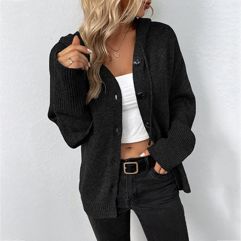 Knitted Hooded Cardigan Coat Black