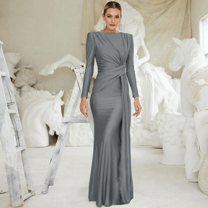 Slim Fit Round Neck Long Sleeves Dress Gray