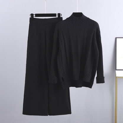 Mock Neck Cable Knitted Two Piece Set One Size Black