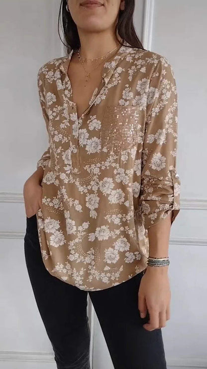 Spring Loose Casual Long Sleeves Printed Sequined Pocket Shirt Yellow