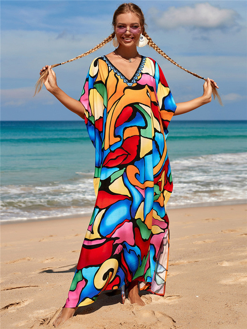 New Positioning Printing Beach Cover-up Sexy Cardigan Dress Beach Cover Up One Size Colorful Color Block