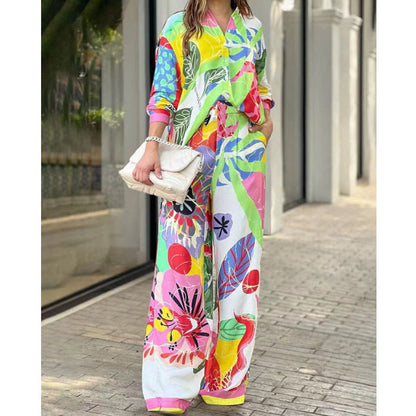 Office Long Sleeve Loose Shirt High Waist Wide Leg Pants Women Set Bright Printing Shirt Outfit